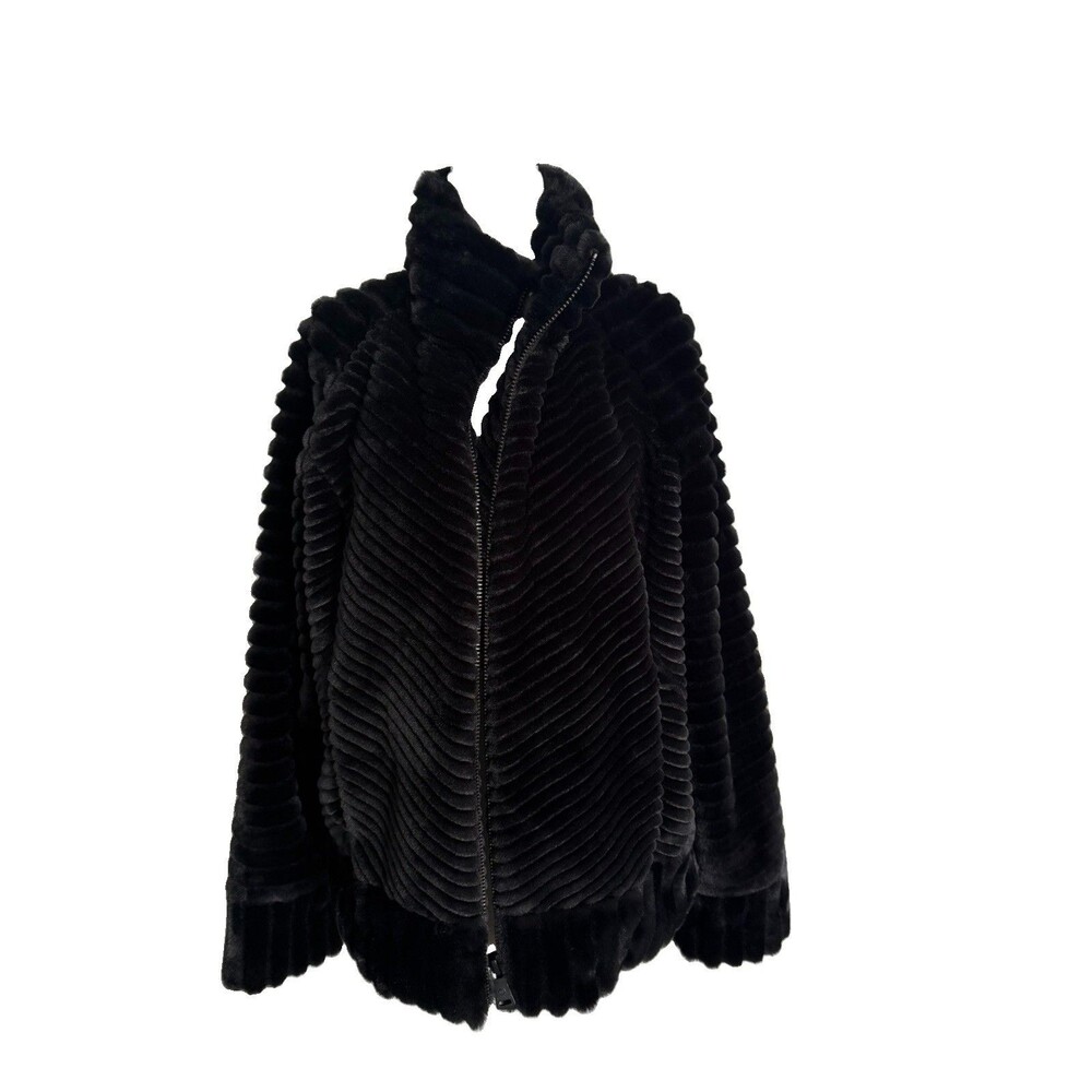 Bernardo Womens Black Chevron Ribbed FauxFur Bomber Jacket Size M Old Money Glam